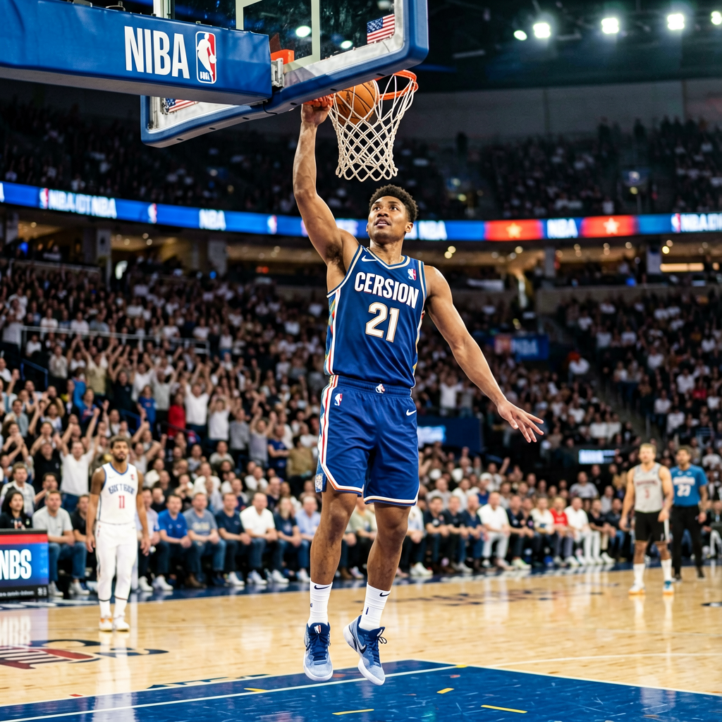 NBA篮球比赛精彩瞬间，球员扣篮庆祝